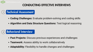 CONDUCTING EFFECTIVE INTERVIEWS
Technical Assessment
Behavioral Interview
Coding Challenges: Evaluate problem-solving and coding skills
Algorithm and Data Structure Questions: Test logical reasoning
Past Projects: Discuss previous experiences and challenges
Teamwork: Assess ability to work collaboratively
Adaptability: Flexibility to handle changes and challenges
 