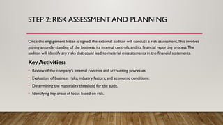 STEP 2: RISK ASSESSMENT AND PLANNING
Once the engagement letter is signed, the external auditor will conduct a risk assessment.This involves
gaining an understanding of the business, its internal controls, and its financial reporting process.The
auditor will identify any risks that could lead to material misstatements in the financial statements.
Key Activities:
• Review of the company’s internal controls and accounting processes.
• Evaluation of business risks, industry factors, and economic conditions.
• Determining the materiality threshold for the audit.
• Identifying key areas of focus based on risk.
 