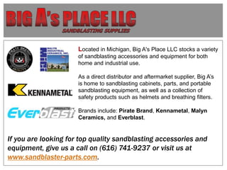 Located in Michigan, Big A's Place LLC stocks a variety
of sandblasting accessories and equipment for both
home and indust...