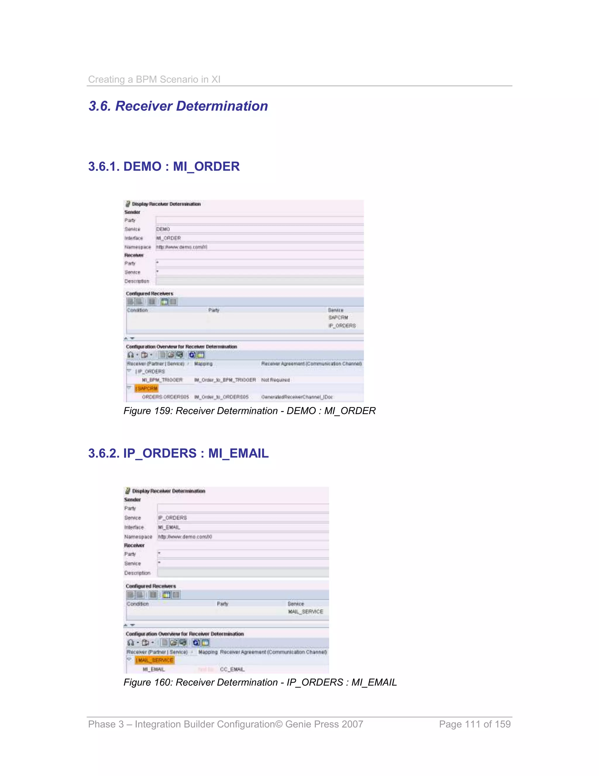 Creating a BPM Scenario in XI

3.6. Receiver Determination



3.6.1. DEMO : MI_ORDER




       Figure 159: Receiver Determination - DEMO : MI_ORDER



3.6.2. IP_ORDERS : MI_EMAIL




       Figure 160: Receiver Determination - IP_ORDERS : MI_EMAIL



Phase 3 – Integration Builder Configuration© Genie Press 2007      Page 111 of 159
 