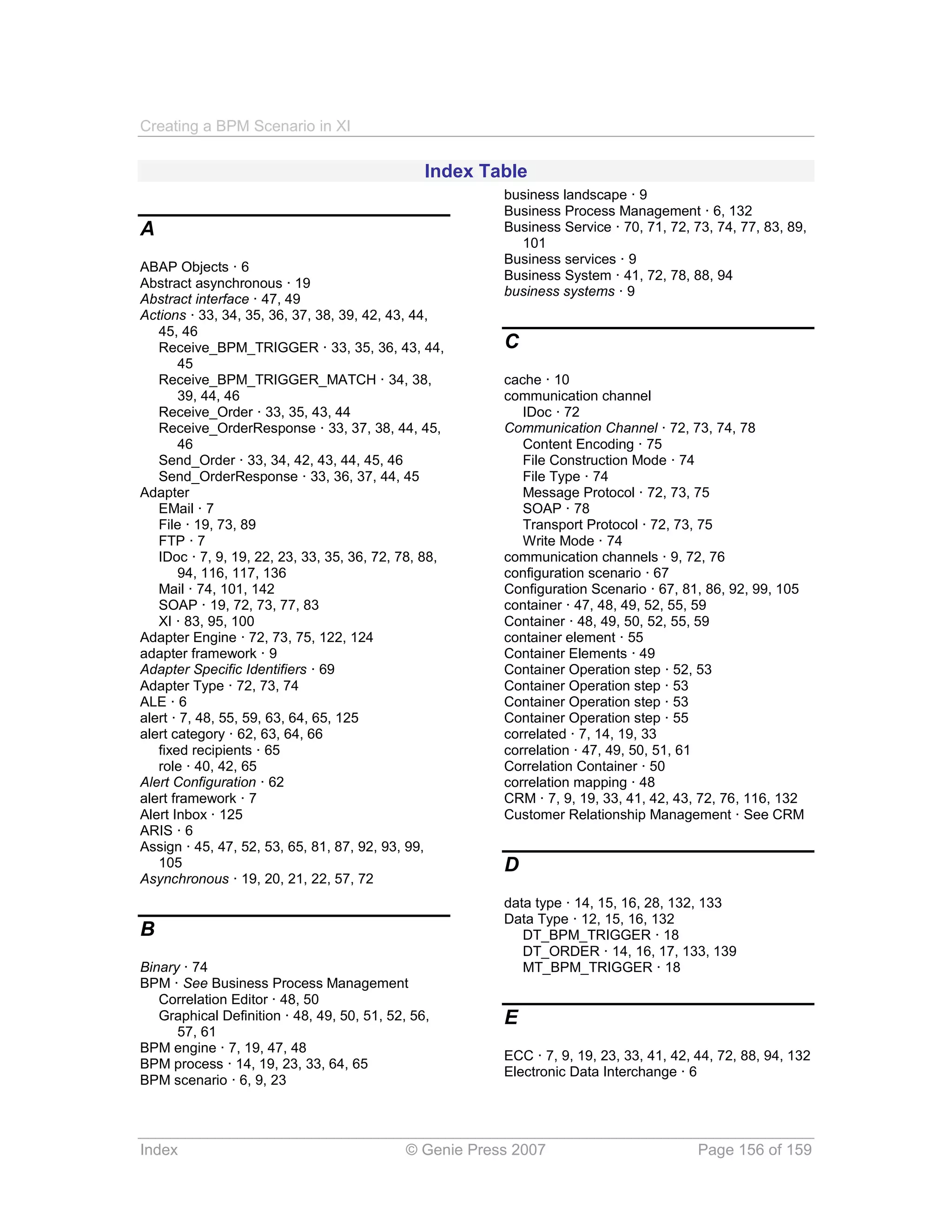 Creating a BPM Scenario in XI

                                                Index Table
                                                         business landscape · 9
                                                         Business Process Management · 6, 132
A                                                        Business Service · 70, 71, 72, 73, 74, 77, 83, 89,
                                                           101
                                                         Business services · 9
ABAP Objects · 6
                                                         Business System · 41, 72, 78, 88, 94
Abstract asynchronous · 19
                                                         business systems · 9
Abstract interface · 47, 49
Actions · 33, 34, 35, 36, 37, 38, 39, 42, 43, 44,
   45, 46
   Receive_BPM_TRIGGER · 33, 35, 36, 43, 44,             C
       45
   Receive_BPM_TRIGGER_MATCH · 34, 38,                   cache · 10
       39, 44, 46                                        communication channel
   Receive_Order · 33, 35, 43, 44                           IDoc · 72
   Receive_OrderResponse · 33, 37, 38, 44, 45,           Communication Channel · 72, 73, 74, 78
       46                                                   Content Encoding · 75
   Send_Order · 33, 34, 42, 43, 44, 45, 46                  File Construction Mode · 74
   Send_OrderResponse · 33, 36, 37, 44, 45                  File Type · 74
Adapter                                                     Message Protocol · 72, 73, 75
   EMail · 7                                                SOAP · 78
   File · 19, 73, 89                                        Transport Protocol · 72, 73, 75
   FTP · 7                                                  Write Mode · 74
   IDoc · 7, 9, 19, 22, 23, 33, 35, 36, 72, 78, 88,      communication channels · 9, 72, 76
       94, 116, 117, 136                                 configuration scenario · 67
   Mail · 74, 101, 142                                   Configuration Scenario · 67, 81, 86, 92, 99, 105
   SOAP · 19, 72, 73, 77, 83                             container · 47, 48, 49, 52, 55, 59
   XI · 83, 95, 100                                      Container · 48, 49, 50, 52, 55, 59
Adapter Engine · 72, 73, 75, 122, 124                    container element · 55
adapter framework · 9                                    Container Elements · 49
Adapter Specific Identifiers · 69                        Container Operation step · 52, 53
Adapter Type · 72, 73, 74                                Container Operation step · 53
ALE · 6                                                  Container Operation step · 53
alert · 7, 48, 55, 59, 63, 64, 65, 125                   Container Operation step · 55
alert category · 62, 63, 64, 66                          correlated · 7, 14, 19, 33
   fixed recipients · 65                                 correlation · 47, 49, 50, 51, 61
   role · 40, 42, 65                                     Correlation Container · 50
Alert Configuration · 62                                 correlation mapping · 48
alert framework · 7                                      CRM · 7, 9, 19, 33, 41, 42, 43, 72, 76, 116, 132
Alert Inbox · 125                                        Customer Relationship Management · See CRM
ARIS · 6
Assign · 45, 47, 52, 53, 65, 81, 87, 92, 93, 99,
   105                                                   D
Asynchronous · 19, 20, 21, 22, 57, 72
                                                         data type · 14, 15, 16, 28, 132, 133
                                                         Data Type · 12, 15, 16, 132
B                                                           DT_BPM_TRIGGER · 18
                                                            DT_ORDER · 14, 16, 17, 133, 139
Binary · 74                                                 MT_BPM_TRIGGER · 18
BPM · See Business Process Management
   Correlation Editor · 48, 50
   Graphical Definition · 48, 49, 50, 51, 52, 56,        E
      57, 61
BPM engine · 7, 19, 47, 48
                                                         ECC · 7, 9, 19, 23, 33, 41, 42, 44, 72, 88, 94, 132
BPM process · 14, 19, 23, 33, 64, 65
                                                         Electronic Data Interchange · 6
BPM scenario · 6, 9, 23




Index                                        © Genie Press 2007                          Page 156 of 159
 