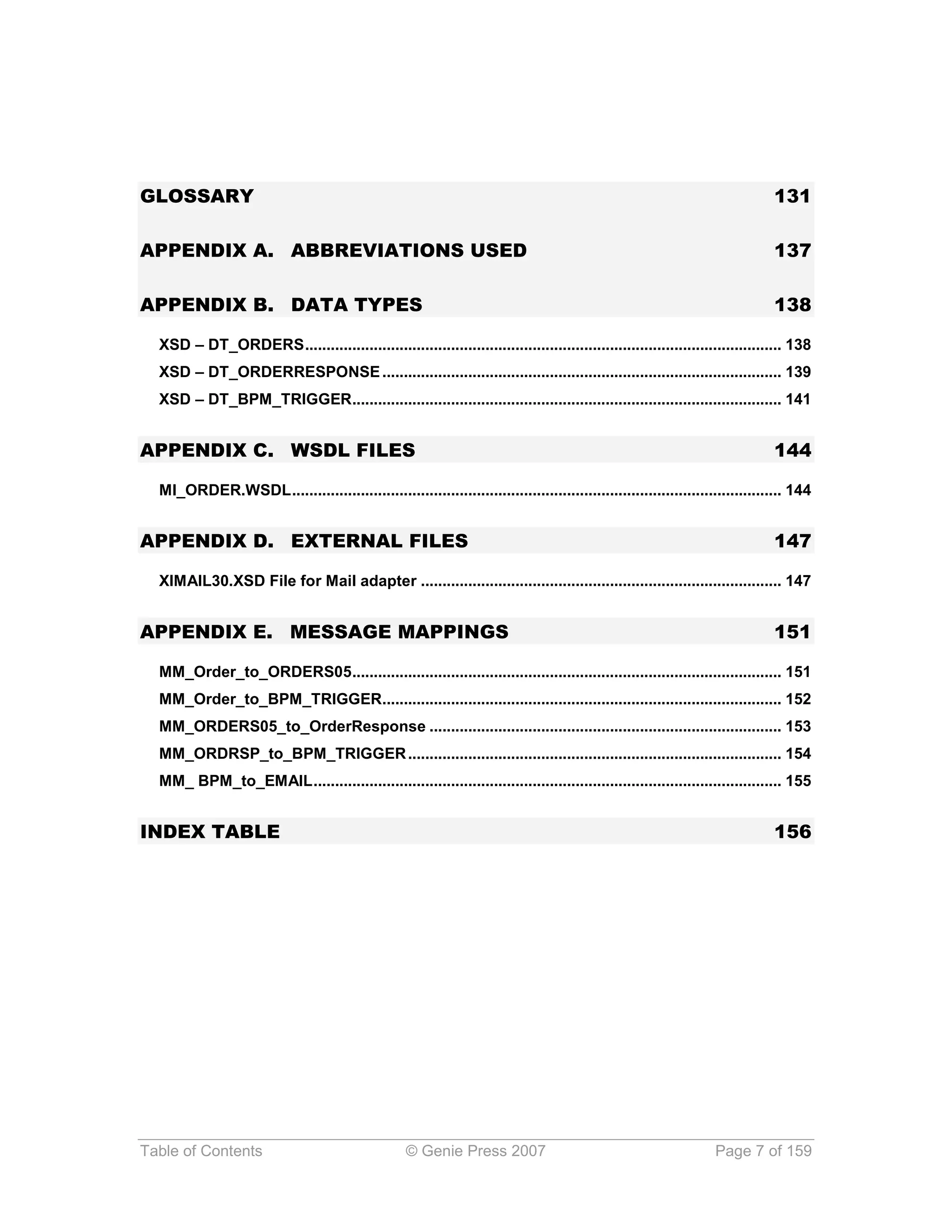 GLOSSARY                                                                                                                      131

APPENDIX A. ABBREVIATIONS USED                                                                                                137

APPENDIX B. DATA TYPES                                                                                                        138

  XSD – DT_ORDERS ............................................................................................................... 138
  XSD – DT_ORDERRESPONSE ............................................................................................. 139
  XSD – DT_BPM_TRIGGER .................................................................................................... 141


APPENDIX C. WSDL FILES                                                                                                        144

  MI_ORDER.WSDL .................................................................................................................. 144


APPENDIX D. EXTERNAL FILES                                                                                                    147

  XIMAIL30.XSD File for Mail adapter .................................................................................... 147


APPENDIX E. MESSAGE MAPPINGS                                                                                                  151

  MM_Order_to_ORDERS05 .................................................................................................... 151
  MM_Order_to_BPM_TRIGGER............................................................................................. 152
  MM_ORDERS05_to_OrderResponse .................................................................................. 153
  MM_ORDRSP_to_BPM_TRIGGER ....................................................................................... 154
  MM_ BPM_to_EMAIL ............................................................................................................. 155


INDEX TABLE                                                                                                                   156




Table of Contents                                  © Genie Press 2007                                             Page 7 of 159
 