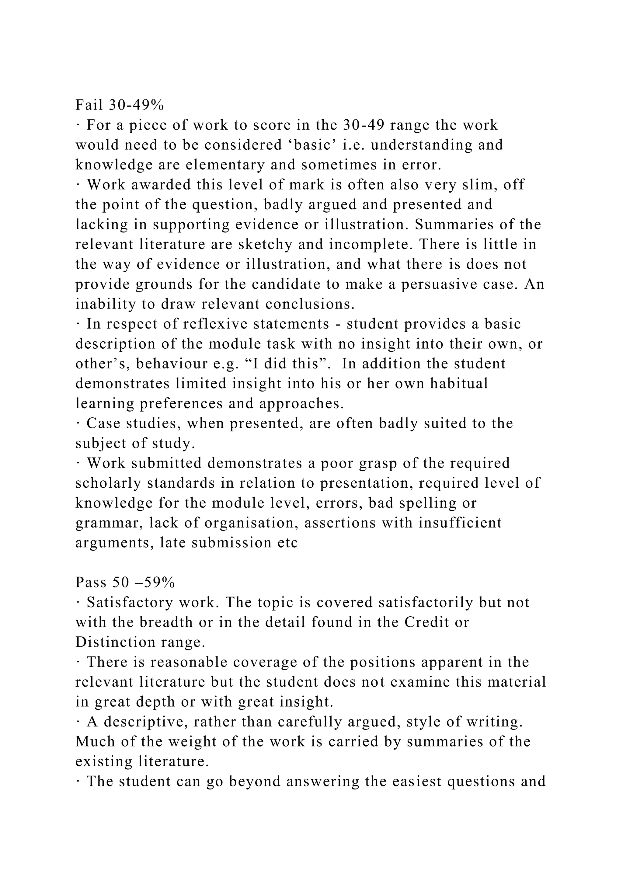 Fail 30-49%
· For a piece of work to score in the 30-49 range the work
would need to be considered ‘basic’ i.e. understanding and
knowledge are elementary and sometimes in error.
· Work awarded this level of mark is often also very slim, off
the point of the question, badly argued and presented and
lacking in supporting evidence or illustration. Summaries of the
relevant literature are sketchy and incomplete. There is little in
the way of evidence or illustration, and what there is does not
provide grounds for the candidate to make a persuasive case. An
inability to draw relevant conclusions.
· In respect of reflexive statements - student provides a basic
description of the module task with no insight into their own, or
other’s, behaviour e.g. “I did this”. In addition the student
demonstrates limited insight into his or her own habitual
learning preferences and approaches.
· Case studies, when presented, are often badly suited to the
subject of study.
· Work submitted demonstrates a poor grasp of the required
scholarly standards in relation to presentation, required level of
knowledge for the module level, errors, bad spelling or
grammar, lack of organisation, assertions with insufficient
arguments, late submission etc
Pass 50 –59%
· Satisfactory work. The topic is covered satisfactorily but not
with the breadth or in the detail found in the Credit or
Distinction range.
· There is reasonable coverage of the positions apparent in the
relevant literature but the student does not examine this material
in great depth or with great insight.
· A descriptive, rather than carefully argued, style of writing.
Much of the weight of the work is carried by summaries of the
existing literature.
· The student can go beyond answering the easiest questions and
 