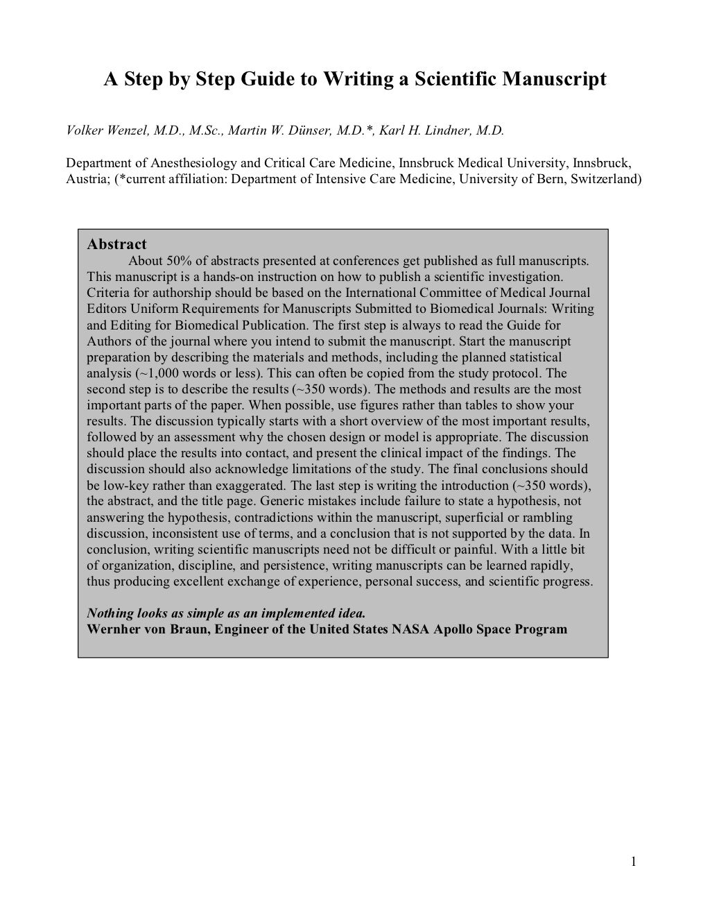 writing manuscript for publication in scientific journals