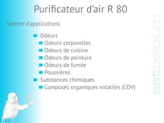 Odeurs
Odeurs corporelles
Odeurs de cuisine
Odeurs de peinture
Odeurs de fumée
Poussières
Substances chimiques
Composés organiques volatiles (COV)
Puriﬁcateur d’air R 80
Spectre d’applications
 