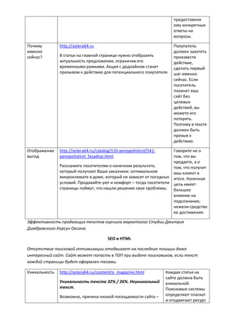 предоставили
ему конкретные
ответы на
вопросы.
Почему
именно
сейчас?
http://astera64.ru
В статье на главной странице нужно отобразить
актуальность предложения, ограничив его
временными рамками. Акция с дедлайном станет
призывом к действию для потенциального покупателя.
Покупатель
должен захотеть
произвести
действие,
сделать первый
шаг именно
сейчас. Если
посетитель
покинет ваш
сайт без
целевых
действий, вы
можете его
потерять.
Поэтому в тексте
должен быть
призыв к
действию.
Отображение
выгод
http://astera64.ru/catalog/110-penopolistirol/541-
penopolistirol_fasadnyi.html
Расскажите посетителям о конечном результате,
который получают Ваши заказчики: оптимальном
микроклимате в доме, который не зависит от погодных
условий. Продавайте уют и комфорт – тогда посетители
страницы поймут, что нашли решение свое проблемы.
Говорите не о
том, что вы
продаете, а о
том, что получит
ваш клиент в
итоге. Конечная
цель имеет
большее
влияние на
подсознание,
нежели средство
ее достижения.
Эффективность продающих текстов оценила маркетолог Студии Дмитрия
Димбровского Корсун Оксана.
SEO и HTML
Отсутствие поисковой оптимизации отодвигает на последние позиции даже
интересный сайт. Сайт может попасть в ТОП при выдаче поисковиков, если текст
каждой страницы будет оформлен тегами.
Уникальность http://astera64.ru/content/o_magazine.html
Уникальность текста 32% / 26%. Неуникальный
текст.
Возможно, причина низкой посещаемости сайта –
Каждая статья на
сайте должна быть
уникальной.
Поисковые системы
определяют плагиат
и отодвигают ресурс
 