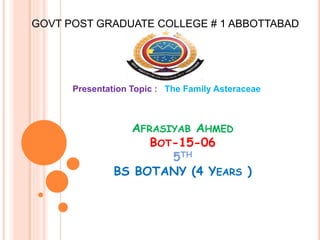 AFRASIYAB AHMED
BOT-15-06
5TH
BS BOTANY (4 YEARS )
Presentation Topic : The Family Asteraceae
GOVT POST GRADUATE COLLEGE # 1 ABBOTTABAD
 