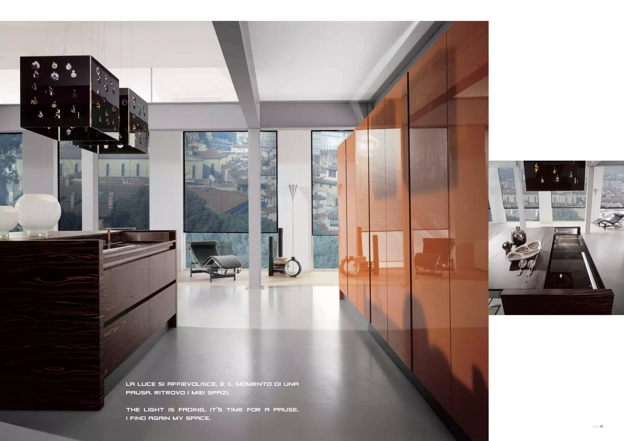 LA LUCE SI AFFIEVOLISCE, È IL MOMENTO DI UNA
PAUSA. RITROVO I MIEI SPAZI.

THE LIGHT IS FADING, IT'S TIME FOR A PAUSE.
I FIND AGAIN MY SPACE.
                                               pagina55
 