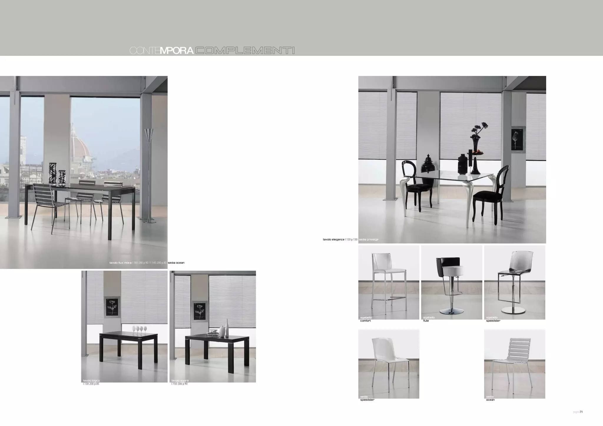 ESSENZE

                                                                                   COLORI
                                                                                   CoMPLEMENTI
                                                                                   TECNOLOGIA e FUNZIONE




                                                                                                  tavolo elegance l.130 p.130 sedia prestige




                 tavolo flux moka l.180-280 p.90 / l.140-200 p.80 sedia ocean




                                                                                                                              sgabello         sgabello   sgabello
                                                                                                                              comfort          flute      speedster




tavolo logico                                                     tavolo agorà
l.130-200 p.85                                                    l.150-306 p.90



                                                                                                                              sedia                       sedia
                                                                                                                              speedster                   ocean



                                                                                                                                                                      pagina71
 
