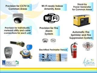 Provision for CCTV in
Common Areas
Provision for individually
metered utility and cable
connections for each unit
Wi-Fi ready Indoor
Amenity Area
Provision for Fire
Alarm
System
Stand-by
Power Generator
for Common Areas
Automatic Fire
Sprinkler and Fire
Suppression System
Electrified Perimeter Fence
 