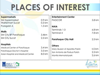 Supermarkets
SM Hypermarket 0.9 km
Waltermart Sucat 0.5 km
Puregold Jr. 1.5 km
Malls
SM City BF Parañaque 3.4km
SM City Sucat 2.5 km
Hospitals
Medical Center of Parañaque 3.4 km
Parañaque Doctor’s Hospital 3.5 km
Asian Hospital and Medical Center 8.0 km
Entertainment Center
PAGCOR 5.8 km
NAIA
Terminals 1-3 6.8 km
Terminal 4 7.8 km
Parañaque City Hall 2.5 km
Others
Mary Queen of Apostles Parish 0.5 km
San Antonio de Padua Parish 2.5 km
Manila Memorial park 2.6 km
PLACES OF INTEREST
 
