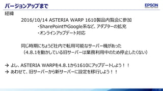 11
バージョンアップまで
経緯
2016/10/14 ASTERIA WARP 1610製品内覧会に参加
・SharePointやGoogle系など、アダプターの拡充
・オンラインアップデート対応
同じ時期にちょうど社内で転用可能なサーバー機があった
（4.8.1を動かしている旧サーバーは業務利用中のため停止したくない）
 よし、ASTERIA WARPを4.8.1から1610にアップデートしよう！！
 あわせて、旧サーバーから新サーバーに設定を移行しよう！！
 