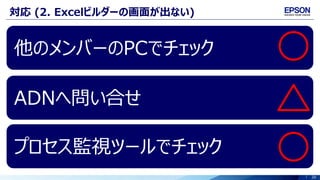 20
対応 (2. Excelビルダーの画面が出ない)
他のメンバーのPCでチェック
ADNへ問い合せ
プロセス監視ツールでチェック
 