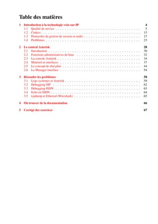 Table des matières
1 Introduction à la technologie voix-sur-IP 4
1.1 Qualité de service . . . . . . . . . . . . . . . . . . . . . . . . . . . . . . . . . . . . 5
1.2 Codecs . . . . . . . . . . . . . . . . . . . . . . . . . . . . . . . . . . . . . . . . . . 13
1.3 Protocoles de gestion de session et audio . . . . . . . . . . . . . . . . . . . . . . . . 17
1.4 Problèmes . . . . . . . . . . . . . . . . . . . . . . . . . . . . . . . . . . . . . . . . 23
2 Le central Asterisk 28
2.1 Introduction . . . . . . . . . . . . . . . . . . . . . . . . . . . . . . . . . . . . . . . 30
2.2 Fonctions administratives de base . . . . . . . . . . . . . . . . . . . . . . . . . . . 32
2.3 La console Asterisk . . . . . . . . . . . . . . . . . . . . . . . . . . . . . . . . . . . 34
2.4 Matériel et interfaces . . . . . . . . . . . . . . . . . . . . . . . . . . . . . . . . . . 37
2.5 Le concept de dial plan . . . . . . . . . . . . . . . . . . . . . . . . . . . . . . . . . 44
2.6 La Manager interface . . . . . . . . . . . . . . . . . . . . . . . . . . . . . . . . . . 54
3 Résoudre les problèmes 58
3.1 Logs systèmes et Asterisk . . . . . . . . . . . . . . . . . . . . . . . . . . . . . . . . 59
3.2 Debugging SIP . . . . . . . . . . . . . . . . . . . . . . . . . . . . . . . . . . . . . 62
3.3 Debugging ISDN . . . . . . . . . . . . . . . . . . . . . . . . . . . . . . . . . . . . 63
3.4 Echo en ISDN . . . . . . . . . . . . . . . . . . . . . . . . . . . . . . . . . . . . . . 64
3.5 tcpdump et Ethereal (Wireshark) . . . . . . . . . . . . . . . . . . . . . . . . . . . . 65
4 Où trouver de la documentation 66
5 Corrigé des exercices 67
 