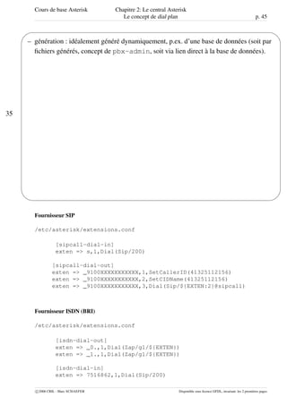 Cours de base Asterisk Chapitre 2: Le central Asterisk
Le concept de dial plan p. 45
35
'
&
$
%
– génération : idéalement généré dynamiquement, p.ex. d’une base de données (soit par
ﬁchiers générés, concept de pbx-admin, soit via lien direct à la base de données).
Fournisseur SIP
/etc/asterisk/extensions.conf
[sipcall-dial-in]
exten => s,1,Dial(Sip/200)
[sipcall-dial-out]
exten => _9100XXXXXXXXXXX,1,SetCallerID(41325112156)
exten => _9100XXXXXXXXXXX,2,SetCIDName(41325112156)
exten => _9100XXXXXXXXXXX,3,Dial(Sip/${EXTEN:2}@sipcall)
Fournisseur ISDN (BRI)
/etc/asterisk/extensions.conf
[isdn-dial-out]
exten => _0.,1,Dial(Zap/g1/${EXTEN})
exten => _1.,1,Dial(Zap/g1/${EXTEN})
[isdn-dial-in]
exten => 7516862,1,Dial(Sip/200)
c 2006 CRIL - Marc SCHAEFER Disponible sous licence GFDL, invariant: les 2 premières pages
 