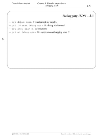 Cours de base Asterisk Chapitre 3: Résoudre les problèmes
Debugging ISDN p. 63
47
'
&
$
%
Debugging ISDN – 3.3
– pri debug span N : seulement sur canal N
– pri intense debug span N : debug additionnel
– pri show span N : informations
– pri no debug span N : suppression debugging span N
c 2006 CRIL - Marc SCHAEFER Disponible sous licence GFDL, invariant: les 2 premières pages
 