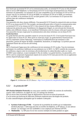 A. El Imami & M. Merzouk Page 12
base fourni par un terminal H.323 est la communication audio, un terminal H.323 joue un rôle principal
dans le service d'IP-téléphonie. Le but primaire de H.323 est de réagir réciproquement avec d'autres
terminaux de multimédia. Les terminaux H.323 sont compatibles avec les terminaux H.324 sur SCN et
réseaux sans fil, les terminaux H.310 sur B-ISDN, les terminaux H.320 sur le ISDN, les terminaux
H.321 sur ISDN, et les terminaux H.322 sur QoS garanti LANs. Les terminaux H.323 peuvent être
utilisées dans des conférences multipoint.
Passerelles
Une passerelle relie deux réseaux différents. Une passerelle H.323 fournit la connectivité entre un réseau
H.323 et un réseau non-H.323. Par exemple, une passerelle peut relier et fournir la communication entre
un terminal H.323 et les réseaux de SCN. Cette connectivité des réseaux différents est réalisée en
traduisant des protocoles pour l'installation et le dégagement d'appel, en convertissant des formats de
médias entre différents réseaux, et en transférant l'information entre les réseaux reliés par la passerelle.
Une passerelle n'est pas exigée pour la communication entre deux terminaux sur un réseau H.323.
Garde-barrières
Un garde-barrière peut être considéré comme le cerveau du réseau H.323. C'est le point focal pour tous
les appels dans le réseau H.323. Bien qu'ils ne soient pas exigés, les garde-barrières fournissent des
services importants comme l'adressage, l'autorisation et l'authentification des terminaux et des
passerelles, gestion de largeur de bande, comptabilité, facturation, et remplissage. Les portiers peuvent
également fournir des services de call-routing.
MCU
MCUs fournissent l'appui pour des conférences de trois terminaux H.323 ou plus. Tous les terminaux
participant à la conférence établissent un raccordement avec le MCU. Le MCU contrôle des ressources
de conférence, négocie entre les terminaux afin de déterminer le codeur/décodeur audio ou visuels
(CODEC) pour employer, et peut manipuler le flux de médias. Les garde-barrières, les passerelles, et le
MCUs sont les composants logiquement séparés de la norme H.323 mais peuvent être mis en application
comme dispositif physique simple.
Figure 4 : Architecture H.323 (Source : http://www.protocols.com/pbook/architecture.htm )
5.2.2 Le protocole SIP
SIP (Session Initiation Protocole) est conçu pour contrôler et établir des sessions de multimédia,
comme vidéo conférence, les appels de voix, et le partage des données.
SIP est encore dans la première étape de déploiement et devient un norme de protocole.
C'est la norme que beaucoup de fabricants d'élément emploient pour développer des produits.
Il a des caractéristiques principales qui le rendent si attrayant :
Système d’adressage d’URL – Il permet de la portabilité de nombre qui est indépendant
d'endroit physique. L'adressage peut être un nombre de téléphone, un IP adresse, ou une adresse
d'email. Les messages sont très semblables à ceux employés par l'Internet (HTTP).
Multimédia – Le SIP peut d’avoir des sessions multiples de média pendant un appel.
 