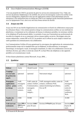 A. El Imami & M. Merzouk Page 18
1.3. Cisco Unified Communications Manager (CUCM)
C'est une propriété de CISCO, qui permet de gérer les services de communication Voix, Vidéo, des
services de présence téléphonique et de mobilité, des services de messagerie vocale et/ou unifiée et des
services d'intégration, d'application ainsi que des applications métiers (outil informatique pour les
utilisateurs). Elle entièrement prise en charge par CISCO ceci implique qu'elle fonctionne parfaitement
avec les équipements Cisco, aussi avec une assez bonne mesure de sécurité.
1.4. Avaya one-X®
Avaya one-X® est une famille d'applications de communication et d'outils de collaboration conçue pour
les utilisateurs finaux. Cette solution prend en charge les communications unifiées sur une multitude de
plateformes, et notamment sur les ordinateurs de bureau et ordinateurs portables, les terminaux mobiles
et les téléphones IP professionnels dédiés. Les produits Avaya one-X permettent aux professionnels de
travailler de n'importe où en se connectant à divers réseaux publics ou privés. Développés selon des
normes industrielles, comme SIP ou H.323, les produits one-X offrent un accès simple et intuitif aux
outils quotidiens de communication et de collaboration.
Les Communications Unifiées d'Avaya garantissent la convergence des applications de communications
professionnelles temps réel et standard telles que la téléphonie, la téléconférence, la messagerie
électronique, la messagerie vocale, la messagerie instantanée, la vidéo et la collaboration à travers des
interfaces diverses, que celles-ci soient des clients PC ou basé-Web, des téléphones et des appareils
portables ou la reconnaissance vocale.
Et bien d'autres plateformes comme Microsoft, Avaya, IBM, ...
1.5. Synthèse
UCP Alcatel Otch CUCM Avaya
Editeur Aastra Alcatel-Lucent Cisco avaya
Couplage
serveur/suite
de gestion des
appels
optionnel optionnel Nativement intégré optionnel
Principales
applications
natives prises
en charge
VoIP,
messagerie
unifiée,
centre de
contacts..
VoIP, centre de
contact, Unified
Communication,
messagerie
vocale
intégrée...
VoIP, messagerie unifiée, centre de
contacts, conférence Web,
analyse/monitoring/surveillance,
Fax sur IP.
VoIP,
messagerie
unifiée,
centre de
contacts,
conférence
Web...
Nombre de
postes IP
4 000 50 000 30 000 36 000
Coût (serveur
seulement)
Entre 3000 et
5000 € pour
20 users
Environ 1100 €
pour 20 users
Environ 3 979,45 € pour 20 users Environ 8000
€ pour 20
users
 