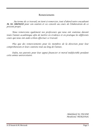A. El Imami & M. Merzouk Page 3
Remerciements
Au terme de ce travail, on tient à remercier, tout d’abord notre encadrant
M. EL AROUSSI pour son soutien et ses conseils au cours de l’élaboration de ce
présent projet.
Nous remercions également nos professeurs qui nous ont soutenus durant
toute l’année académique afin de mettre en évidence et en pratique les différents
cours qui nous ont aidés à bien effectuer ce travail.
Plus que des remerciements pour les membres de la direction pour leur
compréhension et leurs soutiens tout au long de l’année.
Enfin, nos parents pour leur appui financier et moral indéfectible pendant
cette année universitaire.
Abdellatif EL IMAMI
Mouhsine MERZOUK
 