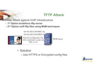 E-Learning
TFTP Attack
• Trivial Attack against VoIP Infrastructure
– 1st Option bruteforce tftp server
– 2nd Option sniff tftp files using MitM techniques
TFTP Server
Get file 0001234A5B6C.cfg
Plaintext Configuration File
With credentials in plain text
XML or not
Get file 0001234A5B6D.cfg
…
• Solution
– Use HTTPS or Encrypted config files
 