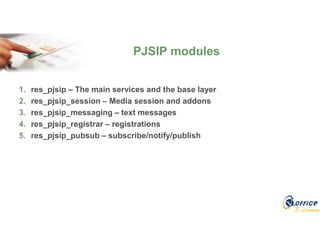 E-Learning
1. res_pjsip – The main services and the base layer
2. res_pjsip_session – Media session and addons
3. res_pjsip_messaging – text messages
4. res_pjsip_registrar – registrations
5. res_pjsip_pubsub – subscribe/notify/publish
PJSIP modules
 