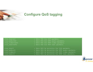 E-Learning
Configure QoS tagging
;tos_sip=cs3 ; Sets TOS for SIP packets.
;tos_audio=ef ; Sets TOS for RTP audio packets.
;tos_video=af41 ; Sets TOS for RTP video packets.
;tos_text=af41 ; Sets TOS for RTP text packets.
;cos_sip=3 ; Sets 802.1p priority for SIP packets.
;cos_audio=5 ; Sets 802.1p priority for RTP audio packets.
;cos_video=4 ; Sets 802.1p priority for RTP video packets.
;cos_text=3 ; Sets 802.1p priority for RTP text packets.
 
