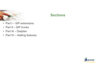 E-Learning
• Part I – SIP extensions
• Part II – SIP trunks
• Part III – Dialplan
• Part IV – Adding features
Sections
 