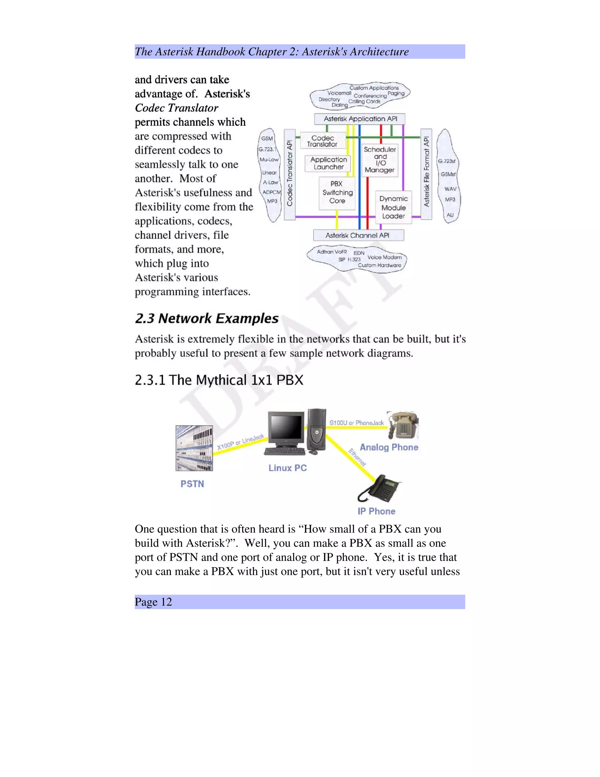 The Asterisk Handbook Chapter 2: Asterisk's Architecture
and drivers can take
advantage of. Asterisk's
Codec Translator
permits channels which
One question that is often heard is “How small of a PBX can you
build with Asterisk?”. Well, you can make a PBX as small as one
port of PSTN and one port of analog or IP phone. Yes, it is true that
you can make a PBX with just one port, but it isn't very useful unless
Page 12
 