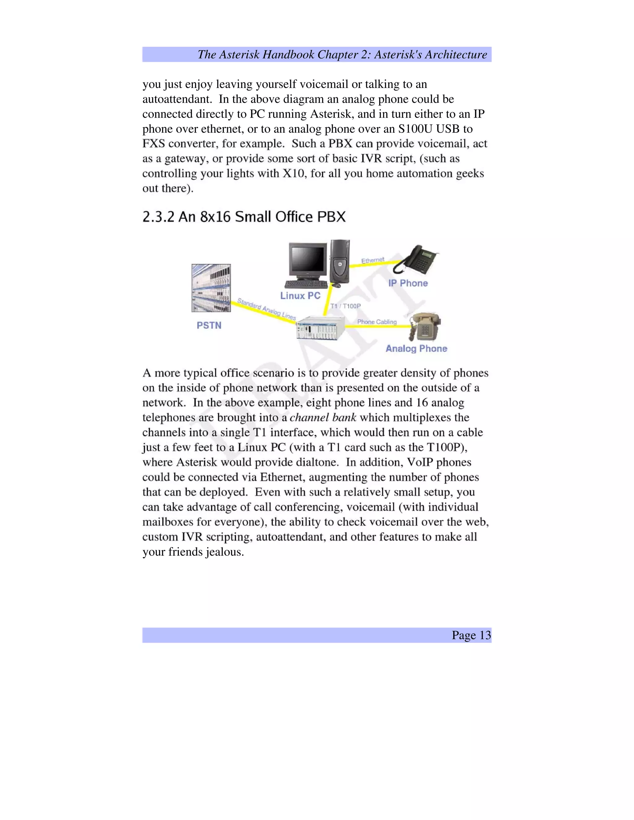 The Asterisk Handbook Chapter 2: Asterisk's Architecture
you just enjoy leaving yourself voicemail or talking to an
autoattendant. In the above diagram an analog phone could be
connected directly to PC running Asterisk, and in turn either to an IP
phone over ethernet, or to an analog phone over an S100U USB to
your friends jealous.
Page 13
 