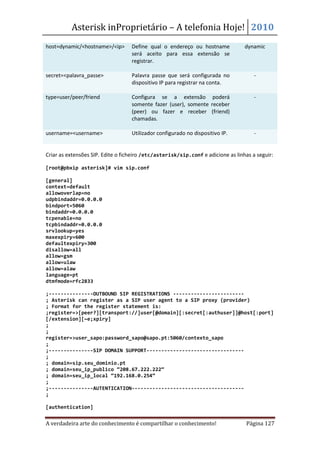 Asterisk inProprietário – A telefonia Hoje! 2010
host=dynamic/<hostname>/<ip>       Define qual o endereço ou hostname             dynamic
                                   será aceito para essa extensão se
                                   registrar.

secret=<palavra_passe>             Palavra passe que será configurada no              -
                                   dispositivo IP para registrar na conta.

type=user/peer/friend              Configura se a extensão poderá                     -
                                   somente fazer (user), somente receber
                                   (peer) ou fazer e receber (friend)
                                   chamadas.

username=<username>                Utilizador configurado no dispositivo IP.          -


Criar as extensões SIP. Edite o ficheiro /etc/asterisk/sip.conf e adicione as linhas a seguir:

[root@pbxip asterisk]# vim sip.conf

[general]
context=default
allowoverlap=no
udpbindaddr=0.0.0.0
bindport=5060
bindaddr=0.0.0.0
tcpenable=no
tcpbindaddr=0.0.0.0
srvlookup=yes
maxexpiry=600
defaultexpiry=300
disallow=all
allow=gsm
allow=ulaw
allow=alaw
language=pt
dtmfmode=rfc2833

;---------------OUTBOUND SIP REGISTRATIONS ------------------------
; Asterisk can register as a SIP user agent to a SIP proxy (provider)
; Format for the register statement is:
;register=>[peer?][transport://]user[@domain][:secret[:authuser]]@host[:port]
[/extension][~e;xpiry]
;
;
register=>user_sapo:password_sapo@sapo.pt:5060/contexto_sapo
;
;---------------SIP DOMAIN SUPPORT---------------------------------
;
; domain=sip.seu_dominio.pt
; domain=seu_ip_publico “208.67.222.222“
; domain=seu_ip_local “192.168.0.254“
;
;---------------AUTENTICATION--------------------------------------
;

[authentication]


A verdadeira arte do conhecimento é compartilhar o conhecimento!                  Página 127
 