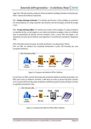 Asterisk inProprietário – A telefonia Hoje! 2010
Logo FXS e FXO são as portas usadas por linhas de telefonia analógica (também conhecidas por
POTS – Sistema de Telefonia Tradicional).

FXS - Foreign eXchange Subscriber. É a interface que fornece a linha analógica ao assinante.
Em outras palavras, é o “plug na parede” que fornece o tom de marcação, corrente de energia
e som.

FXO - Foreign eXchange Office. É a interface que recebe a linha analógica. É o plug no telefone
ou aparelho de fax, ou o(s) plug(s) no seu sistema de telefonia analógica. Indica se o telefone
está no gancho/fora do gancho (circuito fechado). Como a porta FXO está ligada a um
dispositivo, tal como fax ou telefone, esse dispositivo é normalmente chamado de ‘dispositivo
FXO’.

FXO e FXS estão sempre em pares, de modo semelhante a um plug macho / fêmea.
Sem um PBX, um telefone fica conectado diretamente à porta FXS fornecida por uma
companhia telefónica.




                      Figura 1.4: Esquema de telefonia PSTN x Telefone

Se você tiver um PBX, as linhas fornecidas pela companhia telefónica estarão conectadas a um
PBX, assim como os telefones. Portanto, o PBX deve ter tanto as portas FXO (para conectar
com as portas FXS fornecidas pelas companhias telefónicas) quanto portas FXS (para conectar
os aparelhos de telefone e fax).




                   Figura 1.5: Esquema de telefonia PSTN x PBX x Telefone




A verdadeira arte do conhecimento é compartilhar o conhecimento!                      Página 6
 