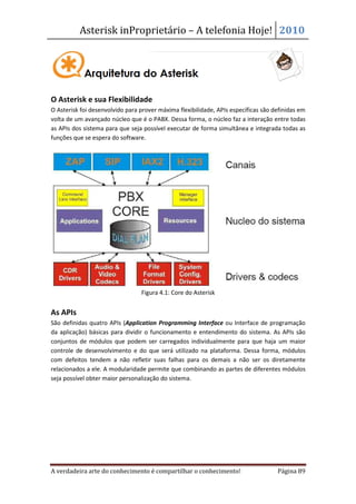 Asterisk inProprietário – A telefonia Hoje! 2010




O Asterisk e sua Flexibilidade
O Asterisk foi desenvolvido para prover máxima flexibilidade, APIs específicas são definidas em
volta de um avançado núcleo que é o PABX. Dessa forma, o núcleo faz a interação entre todas
as APIs dos sistema para que seja possível executar de forma simultânea e integrada todas as
funções que se espera do software.




                                 Figura 4.1: Core do Asterisk


As APIs
São definidas quatro APIs (Application Programming Interface ou Interface de programação
da aplicação) básicas para dividir o funcionamento e entendimento do sistema. As APIs são
conjuntos de módulos que podem ser carregados individualmente para que haja um maior
controle de desenvolvimento e do que será utilizado na plataforma. Dessa forma, módulos
com defeitos tendem a não refletir suas falhas para os demais a não ser os diretamente
relacionados a ele. A modularidade permite que combinando as partes de diferentes módulos
seja possível obter maior personalização do sistema.




A verdadeira arte do conhecimento é compartilhar o conhecimento!                    Página 89
 