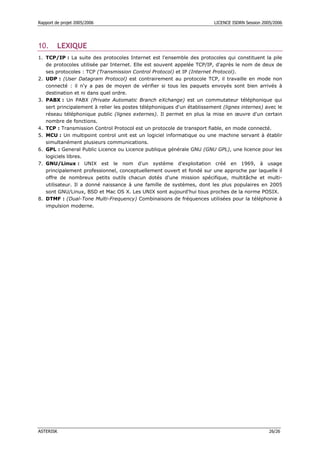 Rapport de projet 2005/2006 LICENCE ISDRN Session 2005/2006
ASTERISK 26/26
10. LEXIQUE
1. TCP/IP : La suite des protocoles Internet est l'ensemble des protocoles qui constituent la pile
de protocoles utilisée par Internet. Elle est souvent appelée TCP/IP, d'après le nom de deux de
ses protocoles : TCP (Transmission Control Protocol) et IP (Internet Protocol).
2. UDP : (User Datagram Protocol) est contrairement au protocole TCP, il travaille en mode non
connecté : il n'y a pas de moyen de vérifier si tous les paquets envoyés sont bien arrivés à
destination et ni dans quel ordre.
3. PABX : Un PABX (Private Automatic Branch eXchange) est un commutateur téléphonique qui
sert principalement à relier les postes téléphoniques d'un établissement (lignes internes) avec le
réseau téléphonique public (lignes externes). Il permet en plus la mise en œuvre d'un certain
nombre de fonctions.
4. TCP : Transmission Control Protocol est un protocole de transport fiable, en mode connecté.
5. MCU : Un multipoint control unit est un logiciel informatique ou une machine servant à établir
simultanément plusieurs communications.
6. GPL : General Public Licence ou Licence publique générale GNU (GNU GPL), une licence pour les
logiciels libres.
7. GNU/Linux : UNIX est le nom d'un système d'exploitation créé en 1969, à usage
principalement professionnel, conceptuellement ouvert et fondé sur une approche par laquelle il
offre de nombreux petits outils chacun dotés d'une mission spécifique, multitâche et multi-
utilisateur. Il a donné naissance à une famille de systèmes, dont les plus populaires en 2005
sont GNU/Linux, BSD et Mac OS X. Les UNIX sont aujourd'hui tous proches de la norme POSIX.
8. DTMF : (Dual-Tone Multi-Frequency) Combinaisons de fréquences utilisées pour la téléphonie à
impulsion moderne.
 