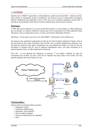 Rapport de projet 2005/2006 LICENCE ISDRN Session 2005/2006
ASTERISK 8/26
4.ASTERISK
Asterisk est un PABX[3]
logiciel libre, multi plateforme, publié sous licence GPL[6]
. Asterisk permet,
entre autres, la messagerie vocale, la conférence, les serveurs vocaux, la distribution des appels.
Asterisk implémente les protocoles H.323 et SIP, ainsi qu'un protocole spécifique nommé IAX. Il
permet la communication entre client et serveur Asterisk ainsi qu'entre deux serveurs.
Historique :
Le PBX open source Asterisk a vu le jour quand Mark Spencer, a voulu acquérir un PBX traditionnel
pour sa société. Le créateur d'Asterisk, trouvant que le prix d'acquisition d'un PBX traditionnel était
démesuré, initia un projet open source. Il a donc commencé à développer Asterisk.
Remarque : Il faut savoir que le prix d’un petit PABX[3]
(100 postes) est de 3000 euros.
Son équipe s'est rapidement rapprochée de celle de Jim Dixon (Zapata Telephony Project), dans le
but de construire des cartes d'interface bon marché avec le réseau téléphonique classique. Leur
but était de construire des cartes compatibles avec des plateformes basées sur Intel et ainsi de
permettre à n'importe quel PC, avec le système d'exploitation Linux, une carte d'interface et le
logiciel Asterisk d'avoir un PBX entièrement fonctionnel.
Pour info : Le nom Asterisk fait référence au symbole * qui signifie wildcard en ligne de
commande Unix et DOS. Ce choix a été fait car Asterisk est conçu dans le but d'offrir une très
grande souplesse dans des réseaux de voix.
Fonctionnalités :
Asterisk offre les fonctionnalités suivantes :
— Messagerie vocale
— Conférence téléphonique
— Répondeur vocal interactif
— Mise en attente d’appels
— Services d'identification de l'appelant
— VoIP
 