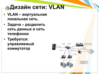 Дизайн сети: VLAN
•  VLAN – виртуальная
   локальная сеть.
•  Задача – разделить
   сеть данных и сеть
   телефонии
•  Требуется:
   управляемый
   коммутатор
 