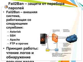 Fail2Ban – защита от перебора
   паролей
•  Fail2Ban – внешняя
   система,
   работающая со
   следующими
   службами:                                                              222.222.222.222
                                              Попытка отбивается


  –  Asterisk
                                                                          Попытка доступа с
                                              при неверном вводе
                                                                          перебором пароля
                                              пароля




  –  SSH
  –  Apache
                                                                                              Интернет




  –  FTP и прочие       Сервер	
  Asterisk
                         192.168.10.11
                                                 iptables                 222.222.222.222
                                                                          Следующие попытки
                                                                          отбиваются уже
                                                                          файерволом



•  Принцип работы:                                                    На основании данных лог
                                                                      файла блокируем доступ к
                                                                      станции в файерволе по IP
                                                                      (222.222.222.222)



   чтение логов и                                     Fail2ban
                                             Fail2ban периодически считывает информацию из лог
                                             файла, например такого вида:
                                              «Registration from ’192.168.10.11′ failed for



   обнаружение
                                             ’222.222.222.222′ – Wrong password»
 