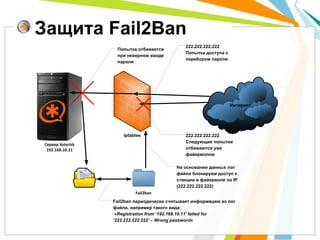 Защита Fail2Ban
                                                  222.222.222.222
                      Попытка отбивается
                                                  Попытка доступа с
                      при неверном вводе
                                                  перебором пароля
                      пароля




                                                                      Интернет




                         iptables                 222.222.222.222
                                                  Следующие попытки
Сервер	
  Asterisk
 192.168.10.11                                    отбиваются уже
                                                  файерволом

                                              На основании данных лог
                                              файла блокируем доступ к
                                              станции в файерволе по IP
                                              (222.222.222.222)
                              Fail2ban
                     Fail2ban периодически считывает информацию из лог
                     файла, например такого вида:
                      «Registration from ’192.168.10.11′ failed for
                     ’222.222.222.222′ – Wrong password»
 