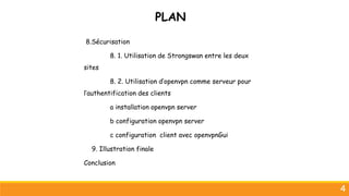 4
8.Sécurisation
8. 1. Utilisation de Strongswan entre les deux
sites
8. 2. Utilisation d’openvpn comme serveur pour
l’authentification des clients
a installation openvpn server
b configuration openvpn server
c configuration client avec openvpnGui
9. Illustration finale
Conclusion
PLAN
 