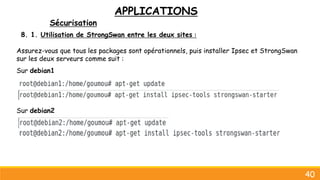 APPLICATIONS
Sécurisation
40
8. 1. Utilisation de StrongSwan entre les deux sites :
Assurez-vous que tous les packages sont opérationnels, puis installer Ipsec et StrongSwan
sur les deux serveurs comme suit :
Sur debian1
Sur debian2
 