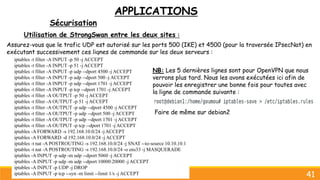 APPLICATIONS
Sécurisation
41
Utilisation de StrongSwan entre les deux sites :
Assurez-vous que le trafic UDP est autorisé sur les ports 500 (IKE) et 4500 (pour la traversée IPsecNat) en
exécutant successivement ces lignes de commande sur les deux serveurs :
iptables -t filter -A INPUT -p 50 -j ACCEPT
iptables -t filter -A INPUT -p 51 -j ACCEPT
iptables -t filter -A INPUT -p udp --dport 4500 -j ACCEPT
iptables -t filter -A INPUT -p udp --dport 500 -j ACCEPT
iptables -t filter -A INPUT -p udp --dport 1701 -j ACCEPT
iptables -t filter -A INPUT -p tcp --dport 1701 -j ACCEPT
iptables -t filter -A OUTPUT -p 50 -j ACCEPT
iptables -t filter -A OUTPUT -p 51 -j ACCEPT
iptables -t filter -A OUTPUT -p udp --dport 4500 -j ACCEPT
iptables -t filter -A OUTPUT -p udp --dport 500 -j ACCEPT
iptables -t filter -A OUTPUT -p udp --dport 1701 -j ACCEPT
iptables -t filter -A OUTPUT -p tcp --dport 1701 -j ACCEPT
iptables -A FORWARD -s 192.168.10.0/24 -j ACCEPT
iptables -A FORWARD -d 192.168.10.0/24 -j ACCEPT
iptables -t nat -A POSTROUTING -s 192.168.10.0/24 -j SNAT --to-source 10.10.10.1
iptables -t nat -A POSTROUTING -s 192.168.10.0/24 -o ens33 -j MASQUERADE
iptables -A INPUT -p udp -m udp --dport 5060 -j ACCEPT
iptables -A INPUT -p udp -m udp --dport 10000:20000 -j ACCEPT
iptables -A INPUT -p UDP -j DROP
iptables -A INPUT -p tcp --syn -m limit --limit 1/s -j ACCEPT
NB: Les 5 dernières lignes sont pour OpenVPN que nous
verrons plus tard. Nous les avons exécutées ici afin de
pouvoir les enregistrer une bonne fois pour toutes avec
la ligne de commande suivante :
Faire de même sur debian2
 