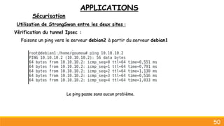 APPLICATIONS
Sécurisation
50
Utilisation de StrongSwan entre les deux sites :
Vérification du tunnel Ipsec :
Faisons un ping vers le serveur debian2 à partir du serveur debian1
Le ping passe sans aucun problème.
 