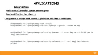 APPLICATIONS
Sécurisation
57
Utilisation d’OpenVPN comme serveur pour
l’authentification des clients :
Configuration d’openvpn coté serveur : genération des clefs et certificats
 
