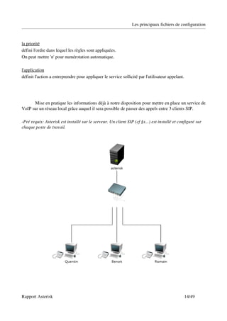 Les principaux fichiers de configuration



la priorité
défini l'ordre dans lequel les règles sont appliquées.
On peut mettre 'n' pour numérotation automatique.

l'application
définit l'action a entreprendre pour appliquer le service sollicité par l'utilisateur appelant.




      Mise en pratique les informations déjà à notre disposition pour mettre en place un service de 
VoIP sur un réseau local grâce auquel il sera possible de passer des appels entre 3 clients SIP.

­Pré requis: Asterisk est installé sur le serveur. Un client SIP (cf §x...) est installé et configuré sur 
chaque poste de travail.




Rapport Asterisk                                                                                  14/49
 