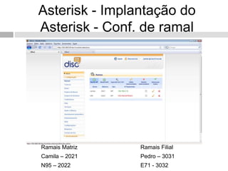 Asterisk - Implantação do
Asterisk - Conf. de ramal




Ramais Matriz   Ramais Filial
Camila – 2021   Pedro – 3031
N95 – 2022      E71 - 3032
 