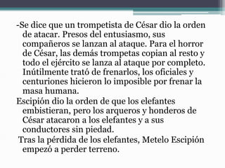 -Se dice que un trompetista de César dio la orden
de atacar. Presos del entusiasmo, sus
compañeros se lanzan al ataque. Para el horror
de César, las demás trompetas copian al resto y
todo el ejército se lanza al ataque por completo.
Inútilmente trató de frenarlos, los oficiales y
centuriones hicieron lo imposible por frenar la
masa humana.
Escipión dio la orden de que los elefantes
embistieran, pero los arqueros y honderos de
César atacaron a los elefantes y a sus
conductores sin piedad.
Tras la pérdida de los elefantes, Metelo Escipión
empezó a perder terreno.
 