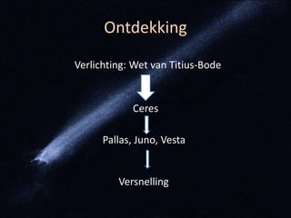 Ontdekking
Verlichting: Wet van Titius-Bode


            Ceres

      Pallas, Juno, Vesta


         Versnelling
 