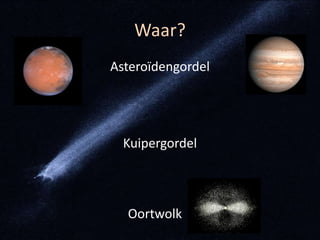 Waar?
Asteroïdengordel




  Kuipergordel



  Oortwolk
 