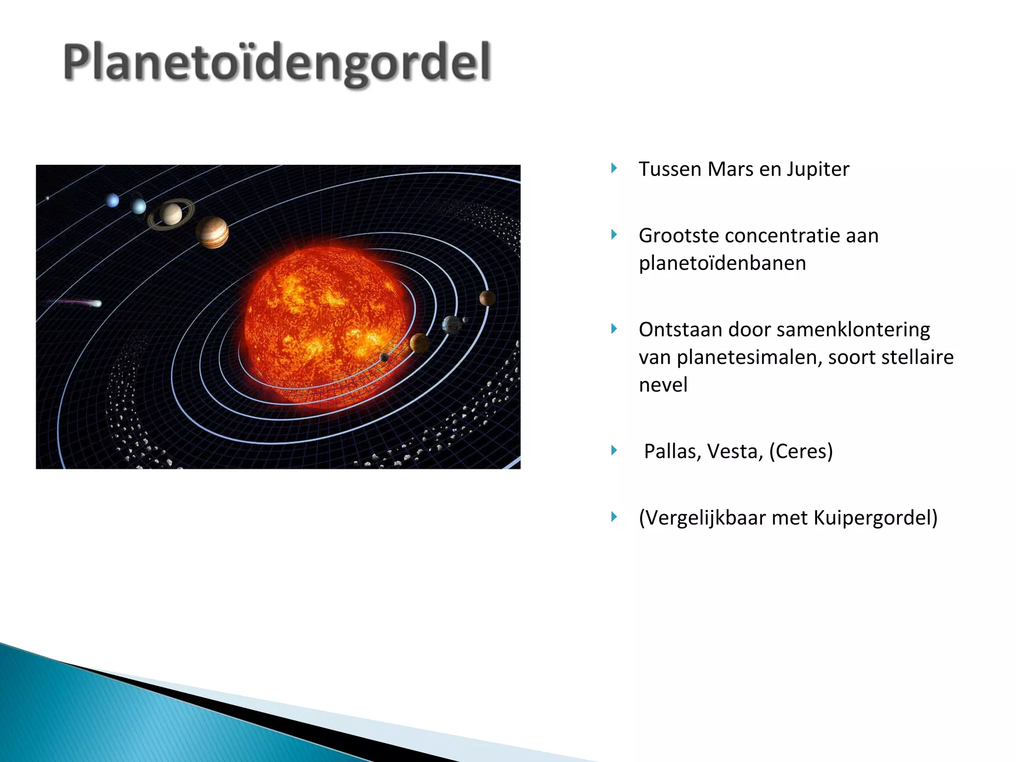 Tussen Mars en Jupiter Grootste concentratie aan planetoïdenbanen Ontstaan door samenklontering van planetesimalen, soort stellaire nevel Pallas, Vesta, (Ceres) (Vergelijkbaar met Kuipergordel) 