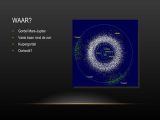 WAAR? Gordel Mars-Jupiter Vaste baan rond de zon Kuipergordel Oortwolk? 