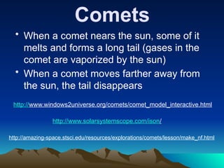 Comets
• When a comet nears the sun, some of it
melts and forms a long tail (gases in the
comet are vaporized by the sun)
• When a comet moves farther away from
the sun, the tail disappears
http://www.windows2universe.org/comets/comet_model_interactive.html
http://www.solarsystemscope.com/ison/
http://amazing-space.stsci.edu/resources/explorations/comets/lesson/make_nf.html
 